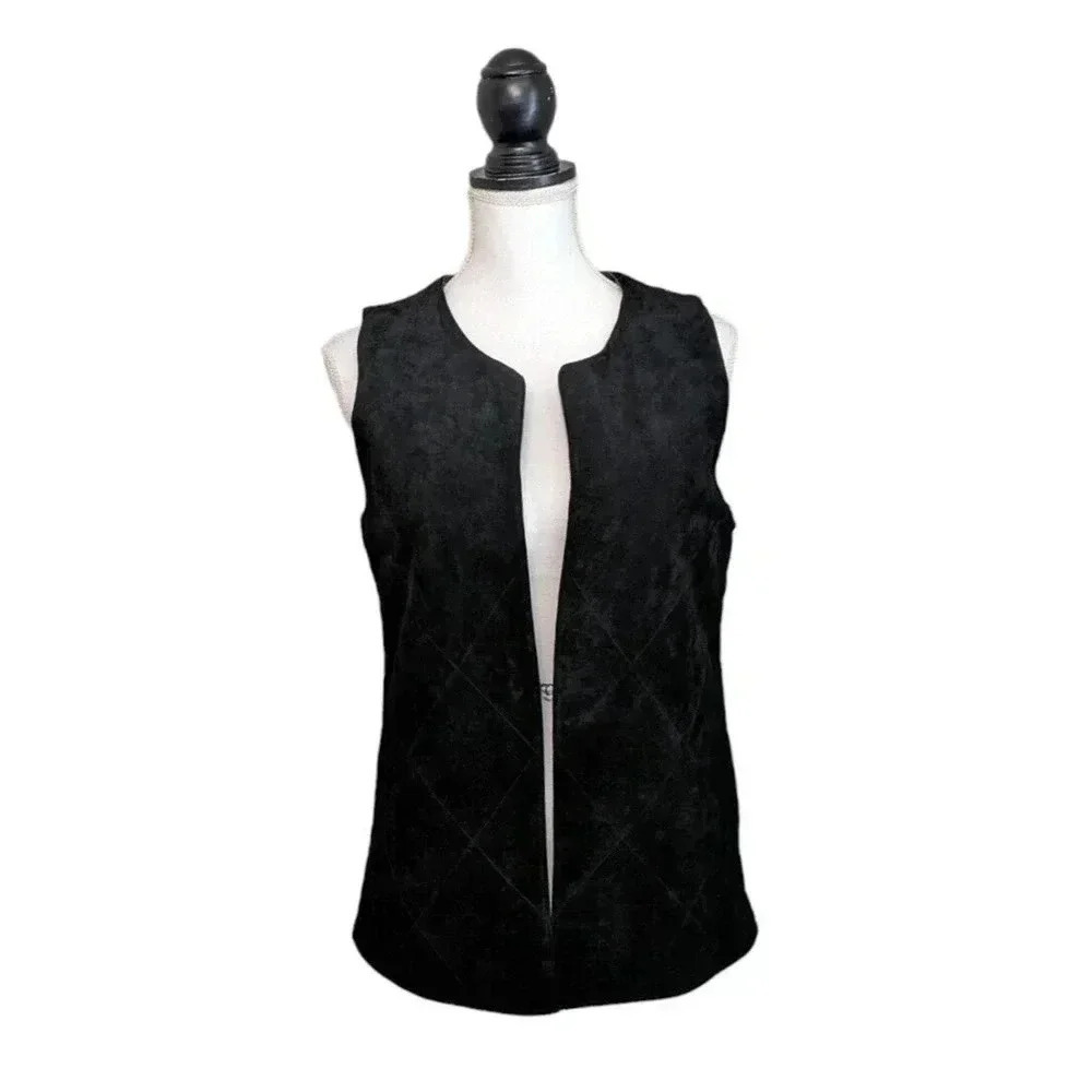Ecru Style Genuine Suede Black Sleeveless Vest Gilet Size Small Leather Quilted